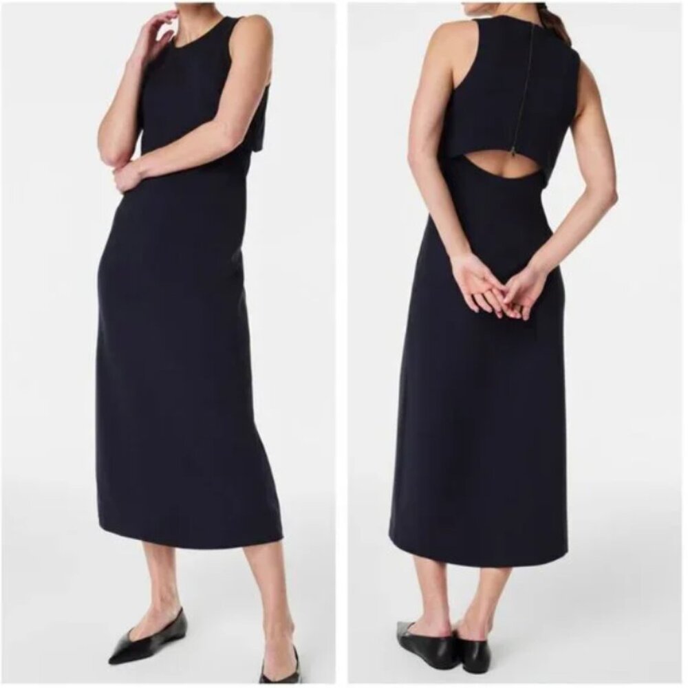 Spanx Women’s Black Ponte Overlay Classic Fitted Open Cut Out Back Midi Dress